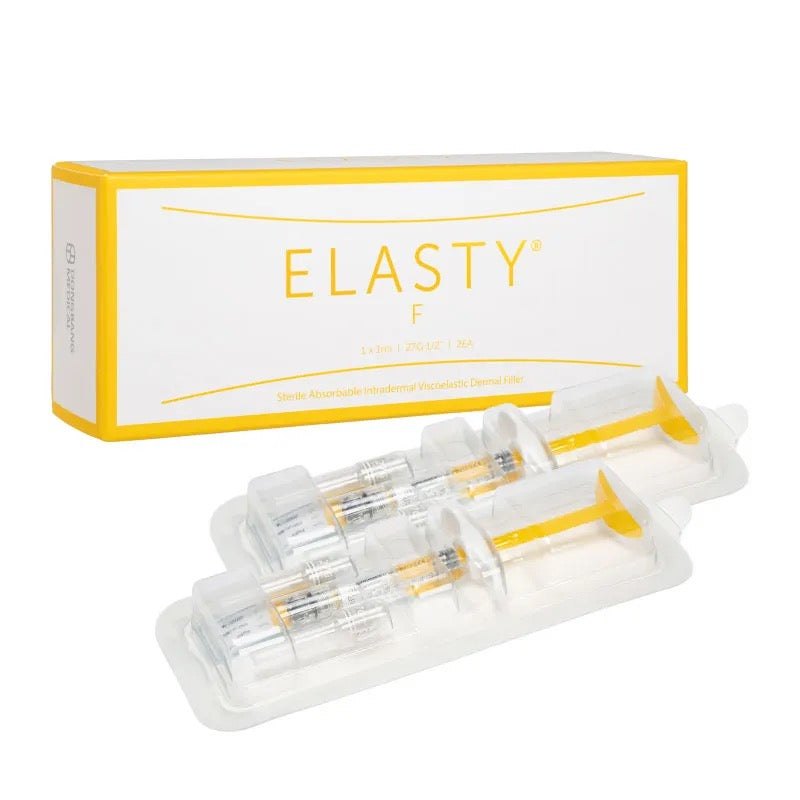 Elasty F hyaluronic acid dermal filler with two prefilled syringes and needles for wrinkle treatment and facial contour enhancement