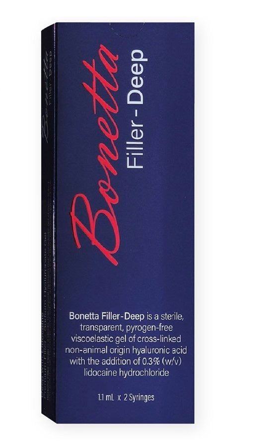Bonetta Deep hyaluronic acid dermal filler box with two syringes and lidocaine for deep wrinkle correction and facial volume enhancement